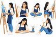 © Wiky - Beautiful artist woman painting on canvas vector icon set, creative female painter character collection