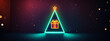 © wetzkaz - bright glowing cyan neon triangular christmas tree frame topped with a yellow star and enclosing an orange gift box amidst floating light particles on a dark backdrop