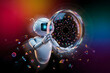 © Anim - A white robot holding a large circular glass lens revealing a complex pattern of glowing neon technology against a dark textured background