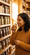 © Yauhen - Young woman smelling aromatic ground cinnamon in a glass jar at a grocery store spice aisle while shopping for holiday baking ingredients in a warm and inviting market setting.