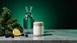 © Friedbert - Leafy greens and water beside a supplement jar