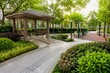 © Sekai - Senior rest shelter beside a low-impact outdoor gym with accessible paths and ornamental plants