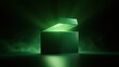 © wilson - Open green gift box with glowing bright green light coming out on dark smoky background representing surprise mystery and opening new opportunity concept