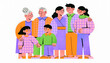 © Artfinity - Happy multigenerational family gathering illustration. Unity, togetherness, and family generations. Senior grandparents standing with adult parents and young kids