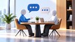 © HP - 3D illustration of two faceless business people having a conversation at a round table with speech bubbles in a modern office setting.