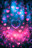 Ethereal fantasy love scene with floating bubble, heart bokeh and flowering branches