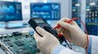 © Wool World - Professional engineer hands in protective gloves using a digital multimeter to measure voltage and test electronic components on a circuit board in a high-tech research and development laboratory.