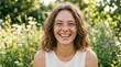 © Natalia - Joyful Woman Smiling in Flower Field Woman Flower Field Nature Happiness Outdoors Portrait Joy. Concept featuring woman, flower field, nature, happiness, outdoors for professional commercial design.