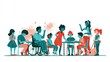 © Anat art - A group of children, including a wheelchair user and a child with hearing aids, learn together in a bright classroom.