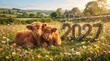 © sondha - A beautiful highland cow resting in a lush meadow filled with colorful wildflowers during a sunny day to celebrate happy new year 2027