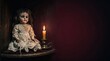 © Лера Стукало - Creepy vintage porcelain doll sitting next to a lit candle in a dark haunted room with copy space