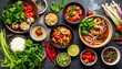 © Maski - Flat lay of healthy Vietnamese cuisine featuring traditional bowls of soup, fresh herbs, steamed rice, and spicy condiments on a dark background