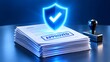 © Hamzah - Stack of approved paper documents with rubber stamp and glowing checkmark shield representing secure authorization and certified compliance
