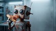 © Rendra - Rusty vintage robot eating a slice of pepperoni pizza in a workshop
