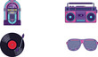 © Rakib - Retro retro music and eighties party vector icon set featuring neon jukebox boombox radio cassette player vinyl record turntable and shutter shades