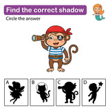 Find the correct shadow game for kids educational worksheet with pirate monkey illustration