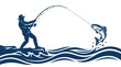 © Sagheer - Fisherman catching a large trophy trout using a spinning rod while standing on a rocky shore in this detailed stylized blue graphic illustration on white background