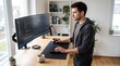 © ardiright - Software developer programmer using ergonomic mouse at a modern home office standing desk with an ultrawide curved monitor for coding projects