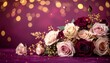 © HecoPhoto - Romantic bouquet of blush pink, ivory and burgundy roses with baby's breath on a magenta table, soft golden bokeh background for wedding, anniversary, Valentine's Day or floral design