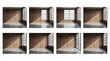 © DreamGen Works - Industrial loft interior set, empty room with red brick walls and large windows, 8 photo collection of sunlit studio space