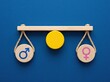 © aldi - Wooden scale balancing male and female gender symbols on blue backdrop ideal for social diversity content symbolizing equality and harmony