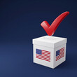 © Alena - Voting ballot box with American flag design and red check mark symbolizing voter registration and participation in elections against a dark blue background