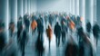 © Farah - Blurred silhouettes of diverse business people walking through a bright modern hallway with tall white pillars in blue lighting