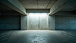 © Nataly - Empty concrete parking garage with illuminated wall and clean floor, spacious industrial area featuring smooth surface and modern design, perfect for automotive photography or urban settings.