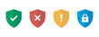 © Arif __H - Colored shield icon set, security status symbols for approved protection, denied access, warning alert, disabled security, access control interface