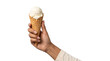 © Abdulmalek - Vanilla ice cream scoop melting slightly on a waffle cone is raised upward in isolated PNG with transparent background for commercial design use