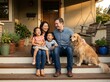 © MDASHIR - Cheerful family sitting on wooden porch steps with golden retriever dog.