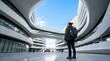 © Jamesoliver - Tourist with backpack looking up at futuristic white curved architecture and blue sky