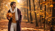 © Milan - Young man walking in an autumn forest holding a bouquet of leaves. Stylish male wearing a long coat and white scarf in the woods. Fall season fashion and lifestyle