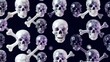 © YiuCheung - Pattern of purple and clear crystal skulls with crossed bones on dark background.