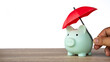 © MohamadFaizal - Hand holding red umbrella over green piggy bank savings security and financial protection insurance concept isolated on white background copy space