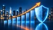 © AH Project - Financial growth trajectory chart shielded by digital security firewall in modern urban corporate environment