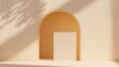 © Mitu - A beige arched alcove with a blank rectangular pedestal in the center, featuring soft palm leaf shadows cast across the textured wall surface