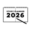 © Pixel Loft - Flat vector illustration of a study planner with the year 2026 and a pencil on a white background academiccalendar agenda