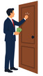 © Alyssa - Businessman in navy suit holding fan of green cash banknotes while knocking with clenched fist on tall closed brown wooden door, investment opportunity concept vector illustration on white