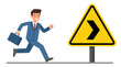 © Peter - An energetic businessman in a blue suit running with a briefcase toward a triangular yellow caution traffic sign with a black chevron, flat vector illustration of career road obstacles