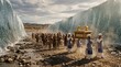 © AlfaSmart - Priests carrying ark of covenant through parted sea with crowd of people following behind. Biblical scene of exodus miracle with towering walls of water.