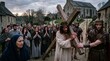 © AlfaSmart - Jesus Christ carrying wooden cross through village street during Passion reenactment. Roman soldiers and grieving crowd follow toward old stone church.