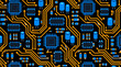 © MdMahfuzur - Seamless printed circuit board pattern with blue microchips capacitors and glowing golden yellow tracks over black background vector illustration, depicting electronic motherboard design