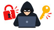 © Milton - Masked cyber hacker in a dark hooded sweatshirt using a laptop computer flanked by a cracked red padlock and a golden key, data privacy security breach threat concept flat vector illustration