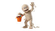© James - Cute mummy character holding an orange bucket full of colorful candies and gummy worms, isolated on transparent background