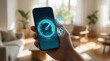 © miss irine - Close up of person holding smartphone with internet speed test app. Digital meter shows high performance connection on screen. Blue tech interface displays data transfer rate, wireless bandwidth