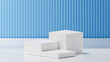 © jayed - 3 cubes on White color place on White base color. 3 cubes podium over stripped Teapot Blue background