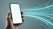 © miss irine - Hand holds smartphone with blank white screen. Digital glowing lines, light particles flow from mobile device. Fast wireless data transfer, 5G network connection, internet speed, cyber tech concept