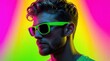 © miss irine - Young man with neon green sunglasses poses against vibrant pink and yellow gradient background. He has curly hair and stubble, looking confidently sideways. Modern style portrait.