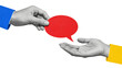 © nida - Minimalist collage of hands holding red speech bubble, conceptual communication and feedback exchange, creative dialogue and social media interaction